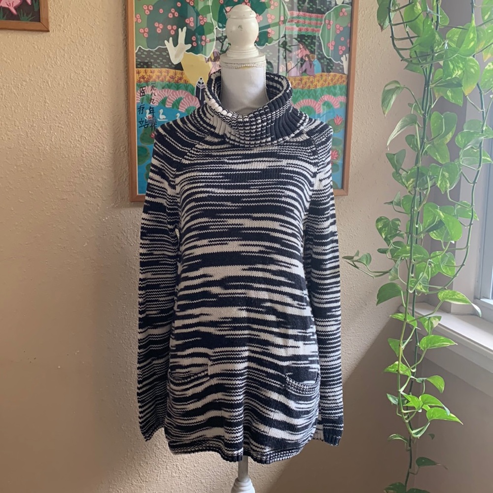 LUCKY BRAND BLUE WHITE STRIPE COWL NECK TUNIC SWEATER WOMENS S